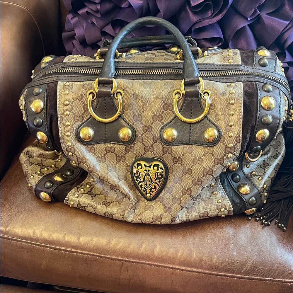 Gucci Tan and Gold Studded Satchel